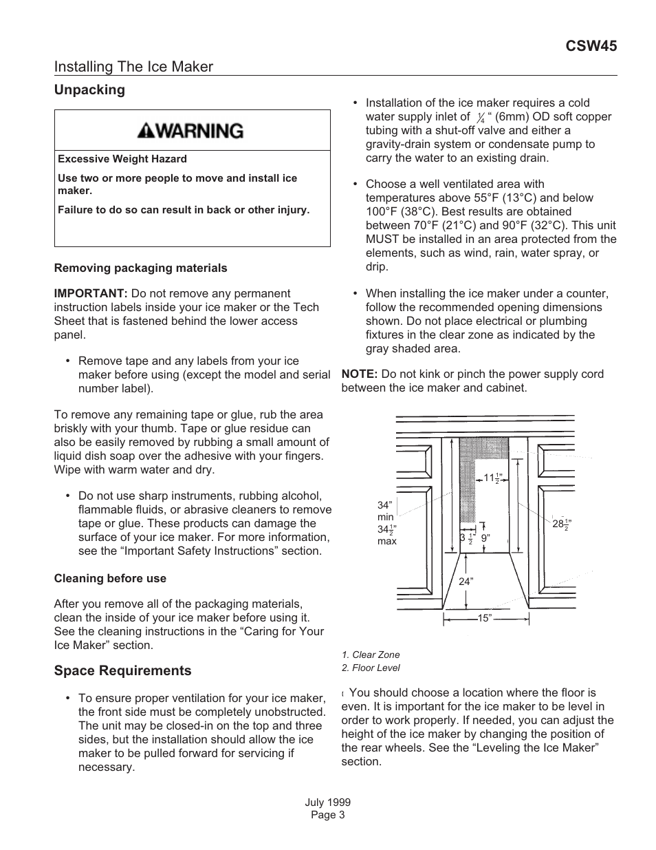 Installing the ice maker, Csw45, Unpacking | Space requirements | Scotsman CSW45 User Manual | Page 3 / 24