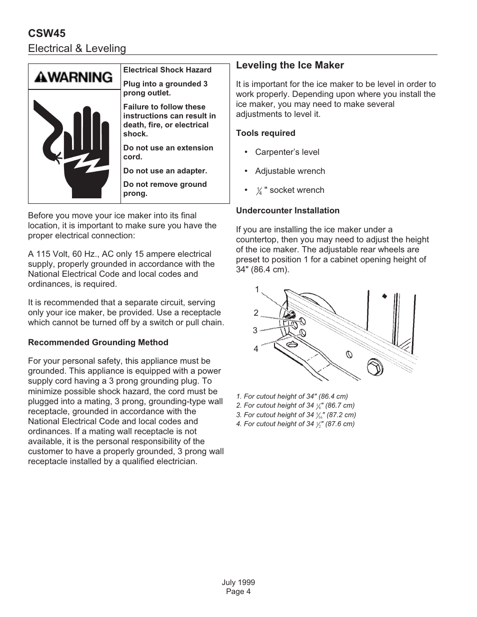 Electrical & leveling, Csw45, Leveling the ice maker | Scotsman CSW45 User Manual | Page 4 / 24