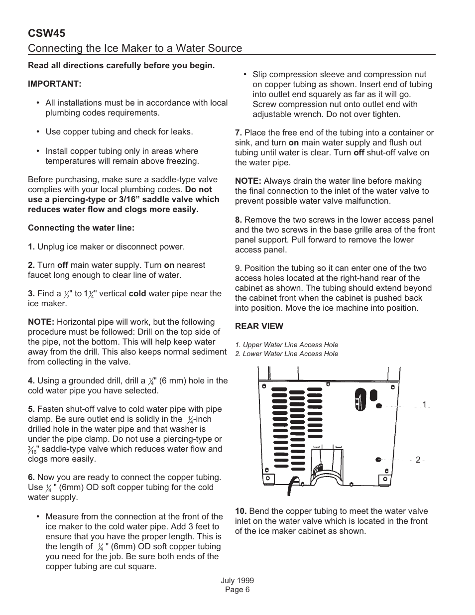 Connecting the ice maker to a water source, Csw45 | Scotsman CSW45 User Manual | Page 6 / 24