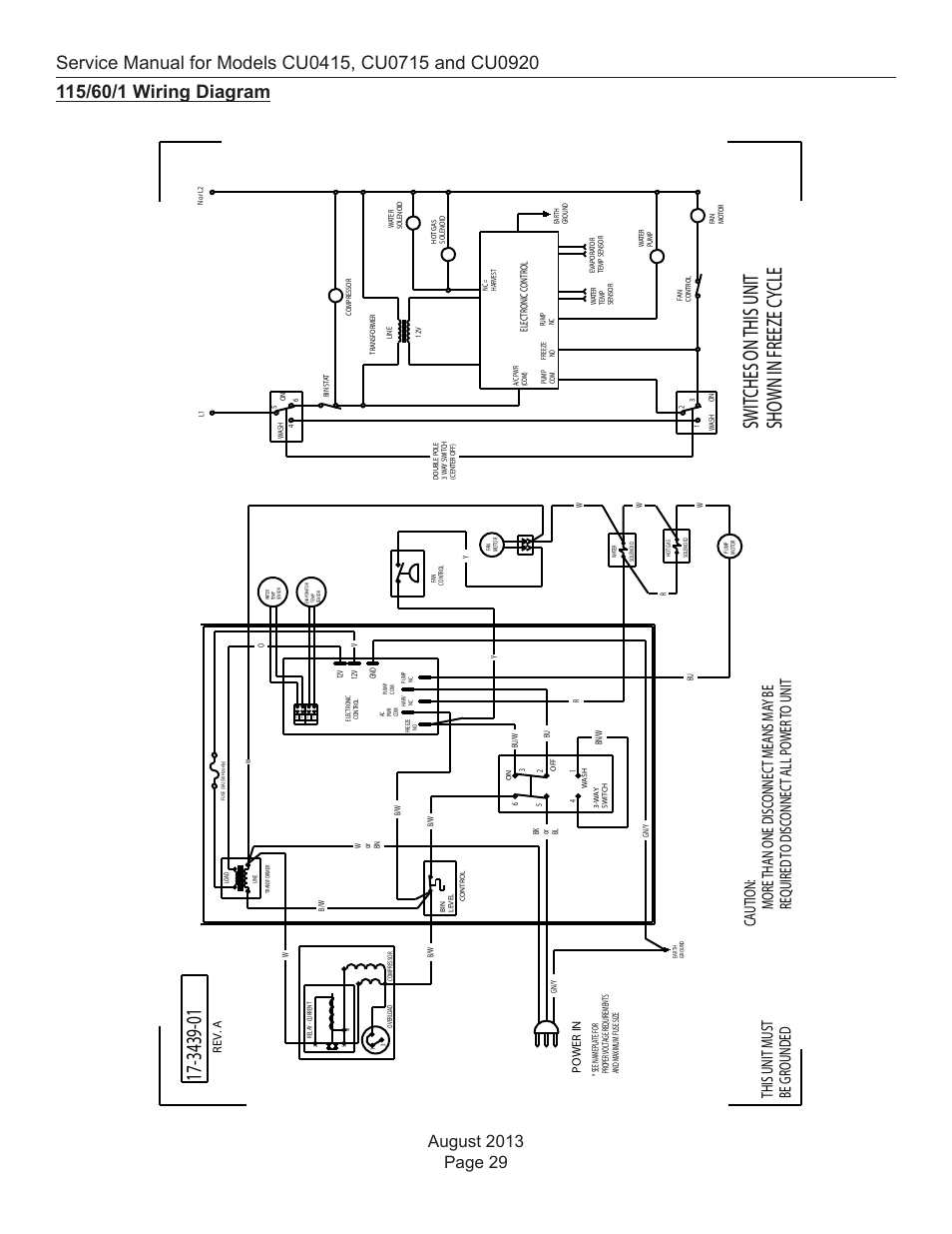 115/60/1 wiring diagram, Swit ches on this unit shown in freeze c ycle, This unit must be gr ounded | Re v. a, Power in | Scotsman CU0415 User Manual | Page 30 / 31