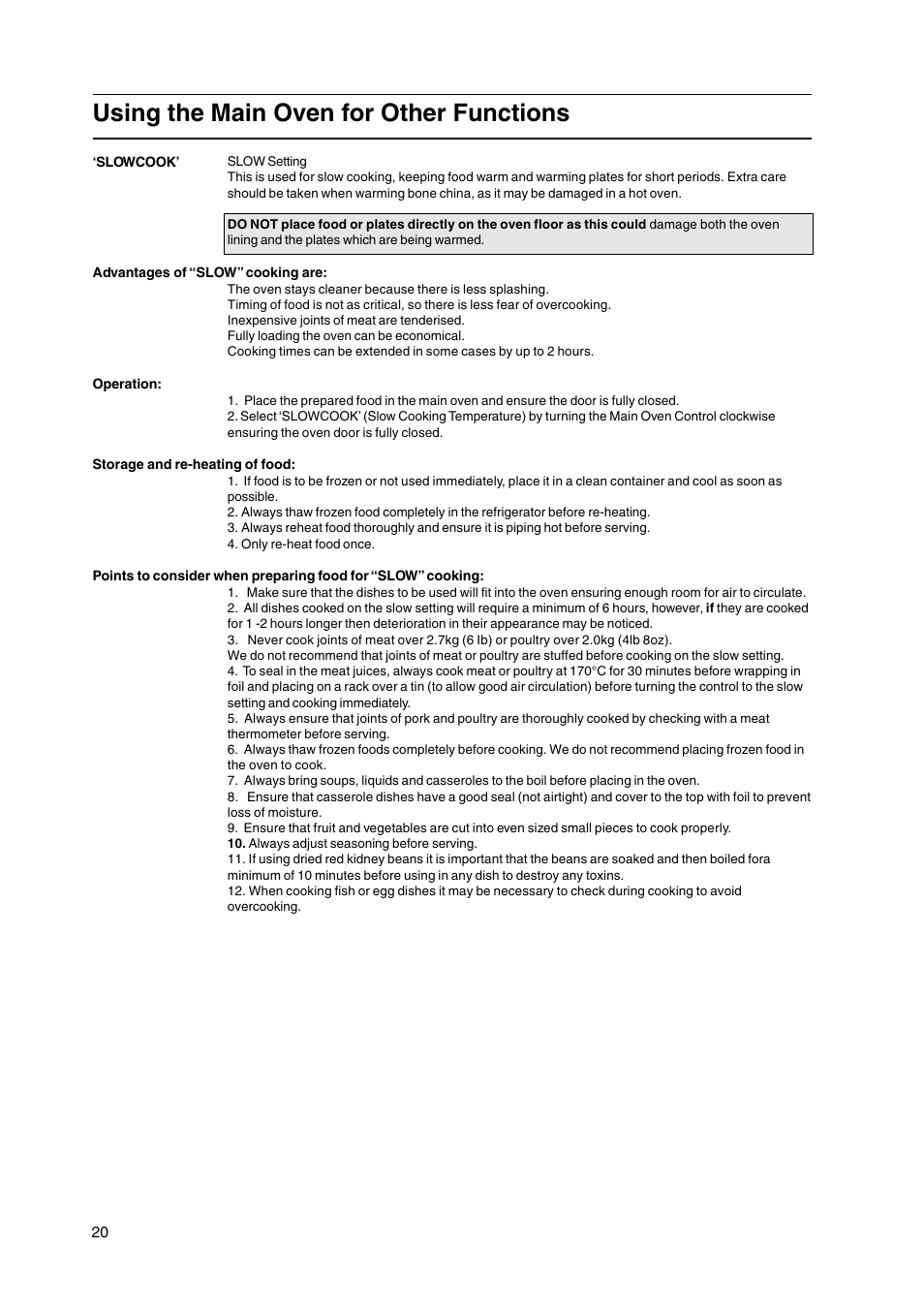 Using the main oven for other functions | Cannon C50HNB User Manual | Page 20 / 28