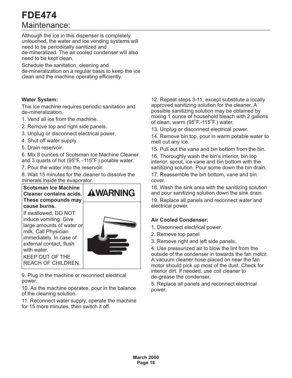 Fde474, Sanitation and cleaning, Maintenance | Scotsman FDE474 User Manual | Page 16 / 29