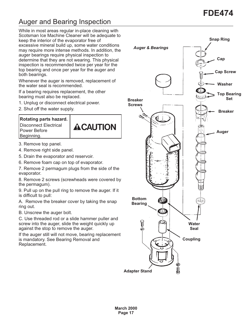 Fde474, Auger and bearing inspection | Scotsman FDE474 User Manual | Page 17 / 29