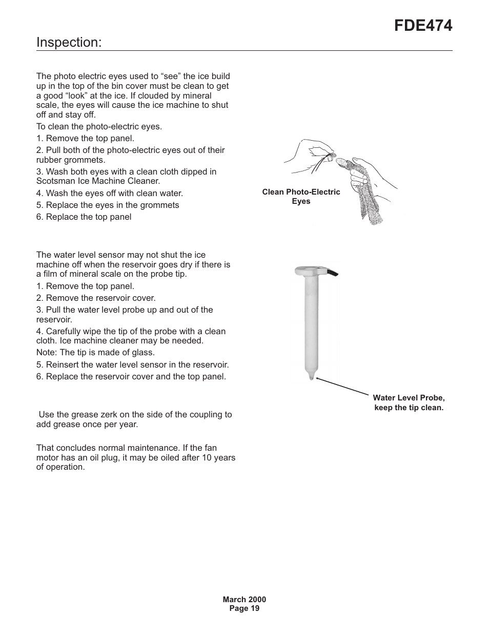 Fde474, Photo-electric eyes, Water level sensor | Coupling, Inspection | Scotsman FDE474 User Manual | Page 19 / 29