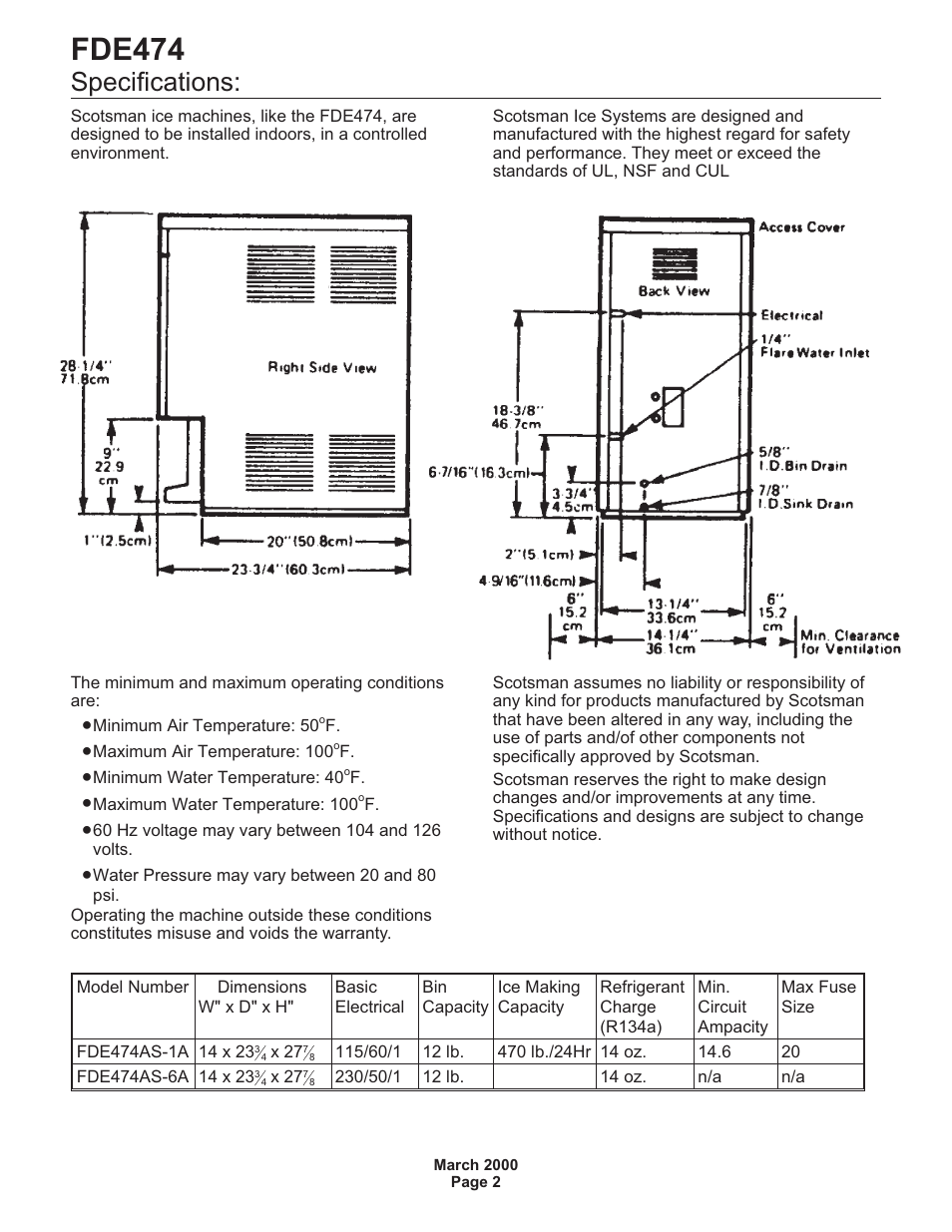 Fde474, Specifications | Scotsman FDE474 User Manual | Page 2 / 29