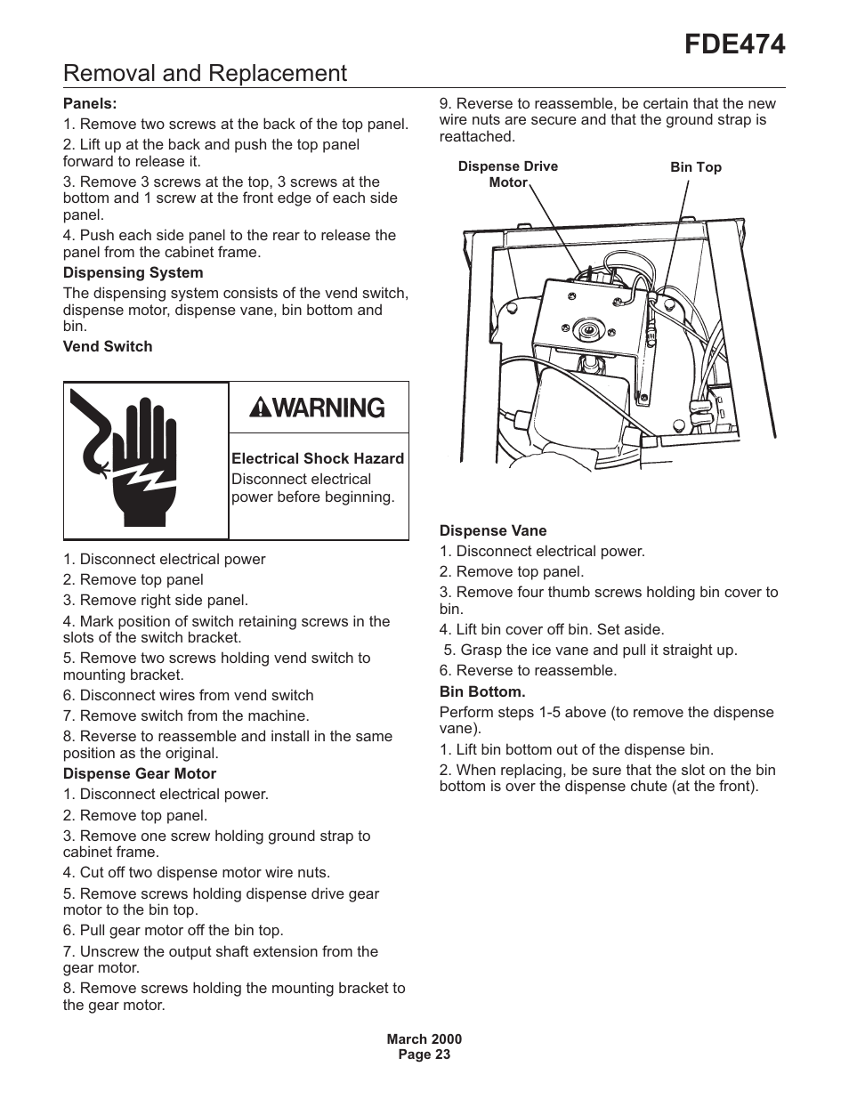 Fde474, Removal and replacement | Scotsman FDE474 User Manual | Page 23 / 29