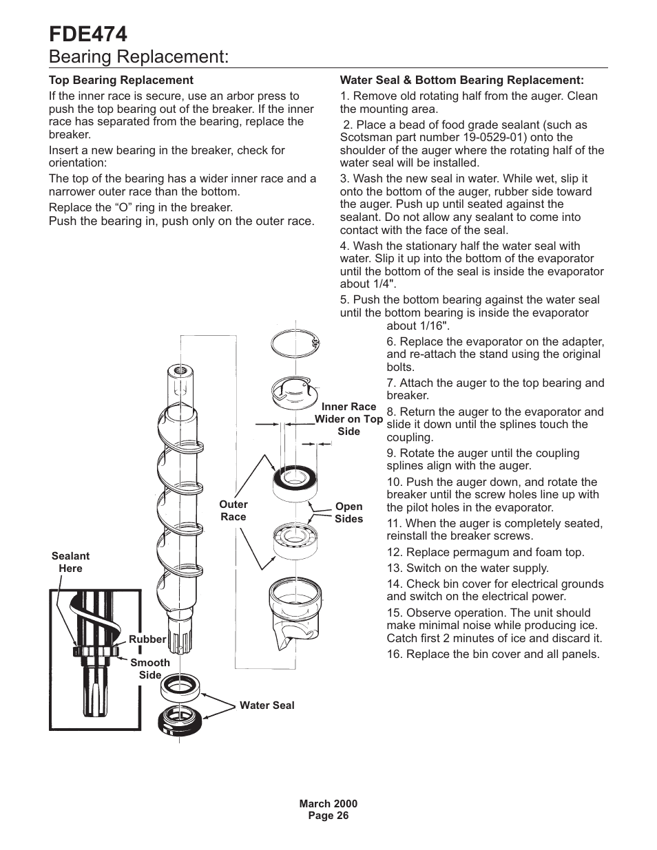 Fde474, Bearing replacement | Scotsman FDE474 User Manual | Page 26 / 29