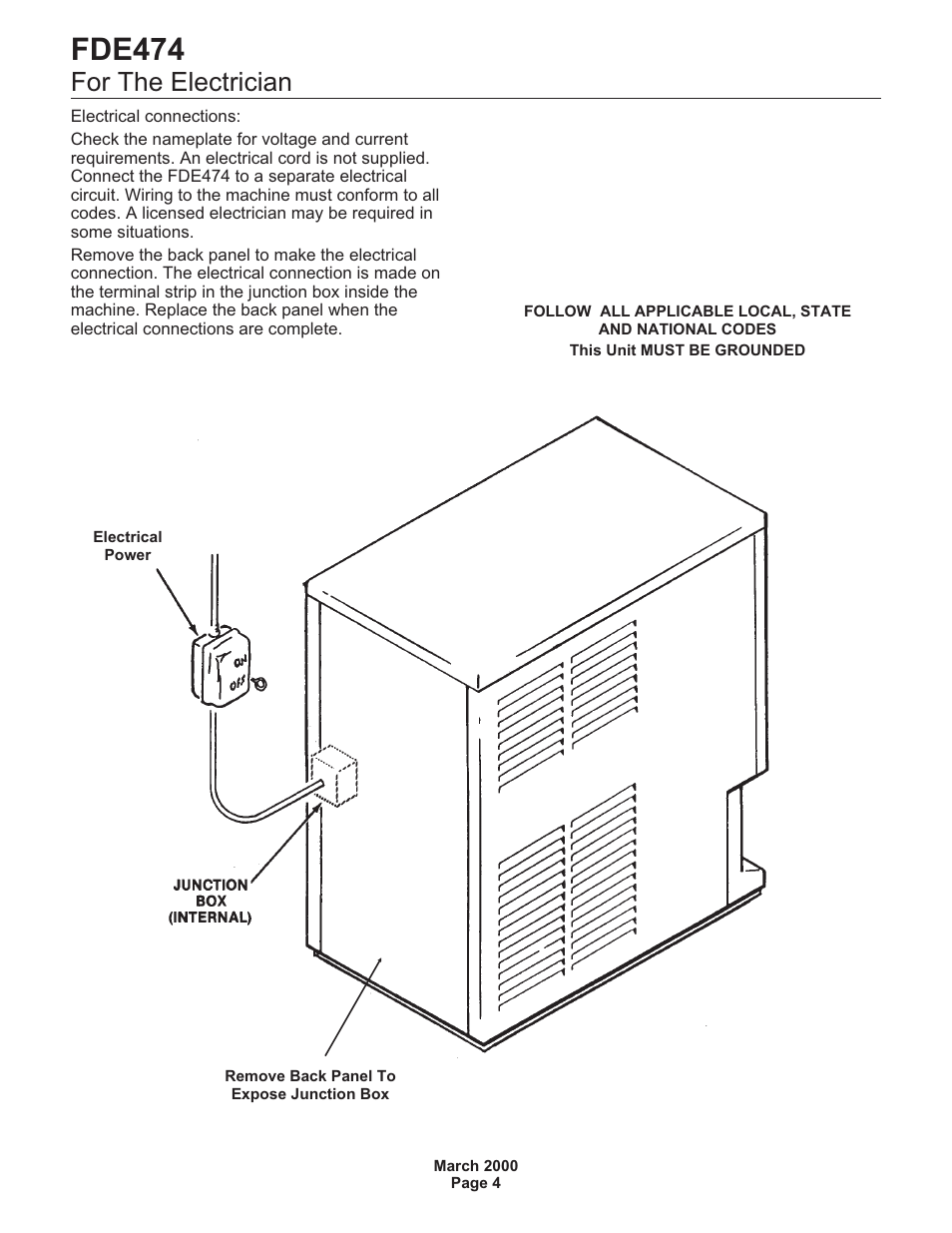 Fde474, For the electrician | Scotsman FDE474 User Manual | Page 4 / 29