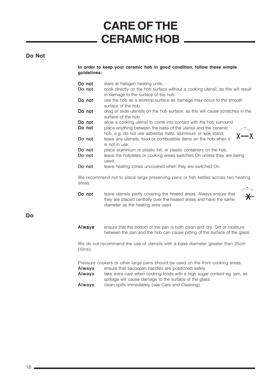 Care of the ceramic hob, Do not | Cannon Kendal Pressure Cookers User Manual | Page 18 / 36