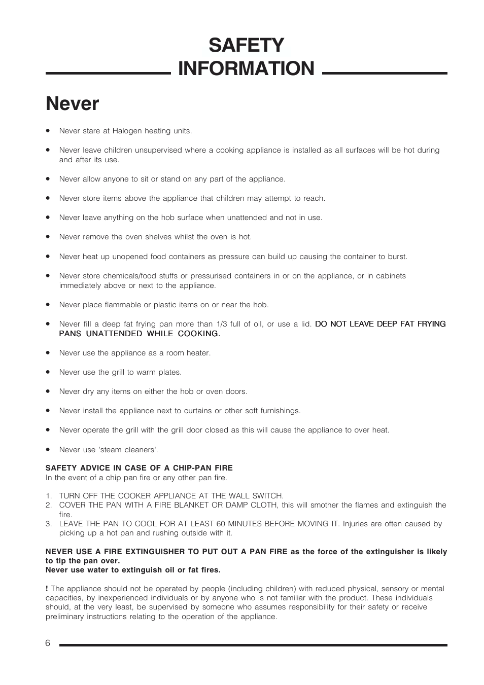 Never, Safety information | Cannon Kendal Pressure Cookers User Manual | Page 6 / 36