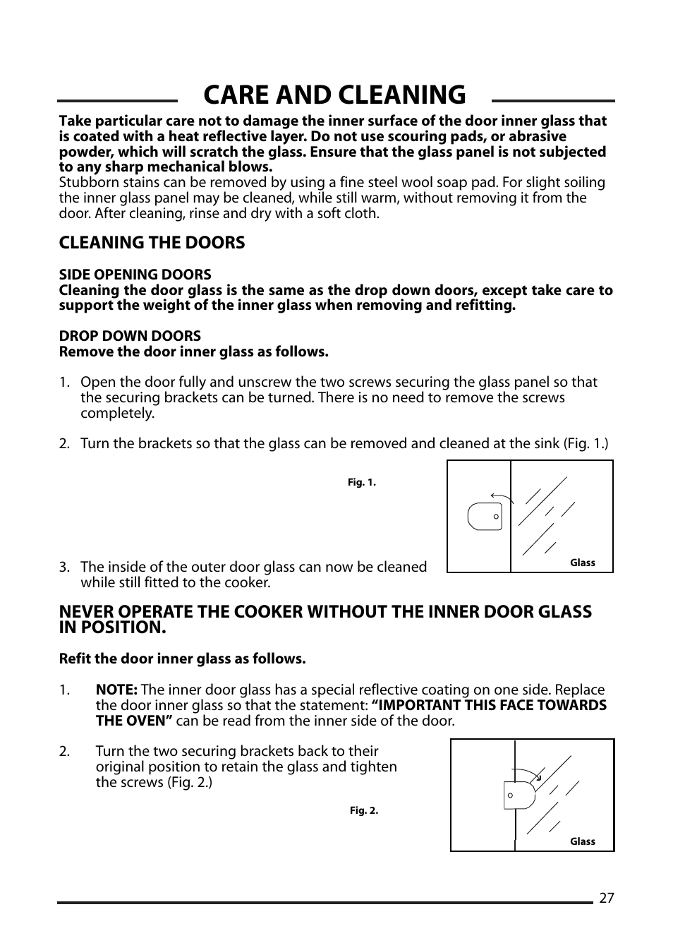 Care and cleaning, Cleaning the doors | Cannon PEMBROKE 10592G User Manual | Page 27 / 40