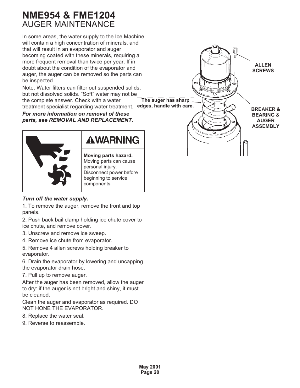 Auger maintenance | Scotsman NME954 User Manual | Page 20 / 32