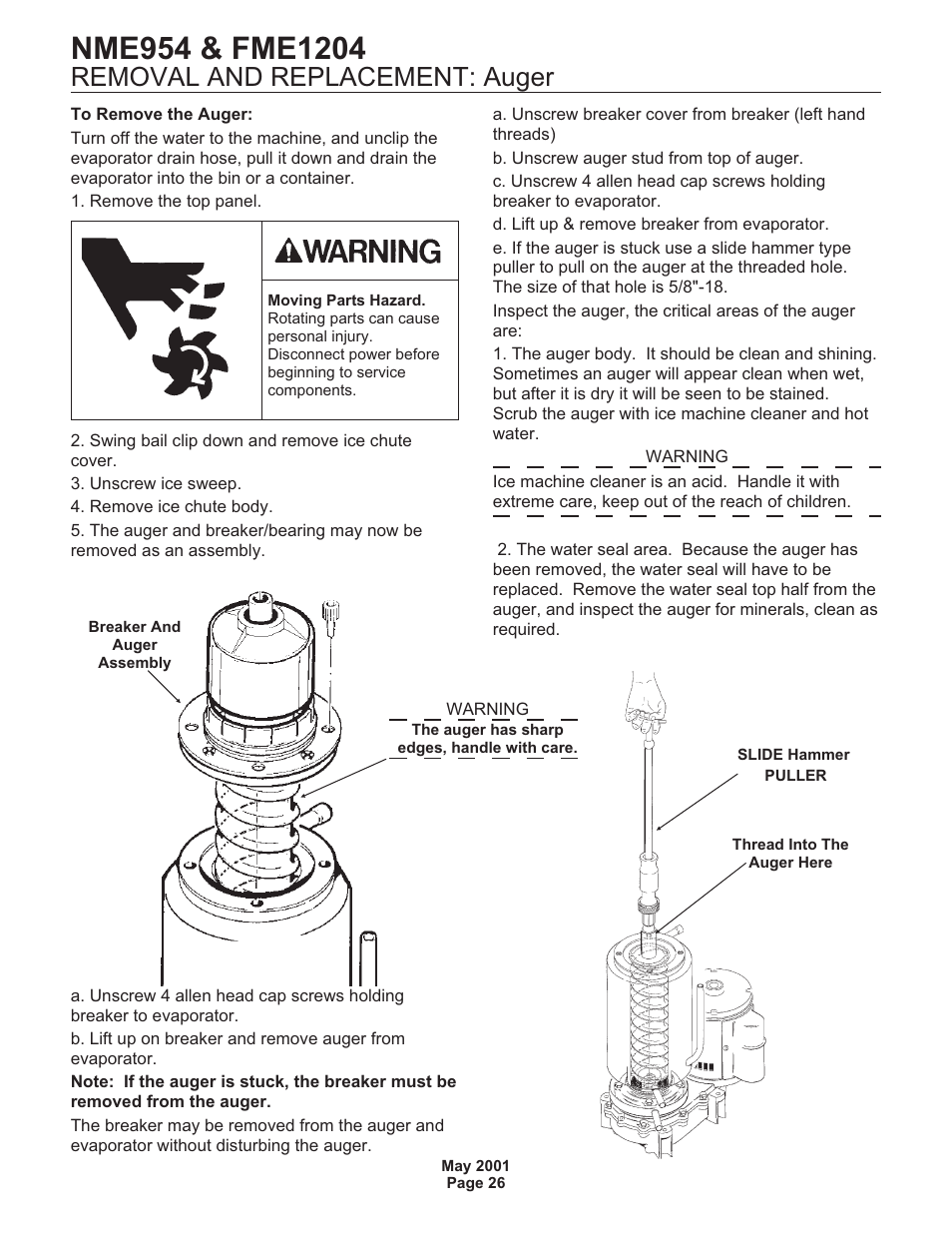 Removal and replacement: auger | Scotsman NME954 User Manual | Page 26 / 32