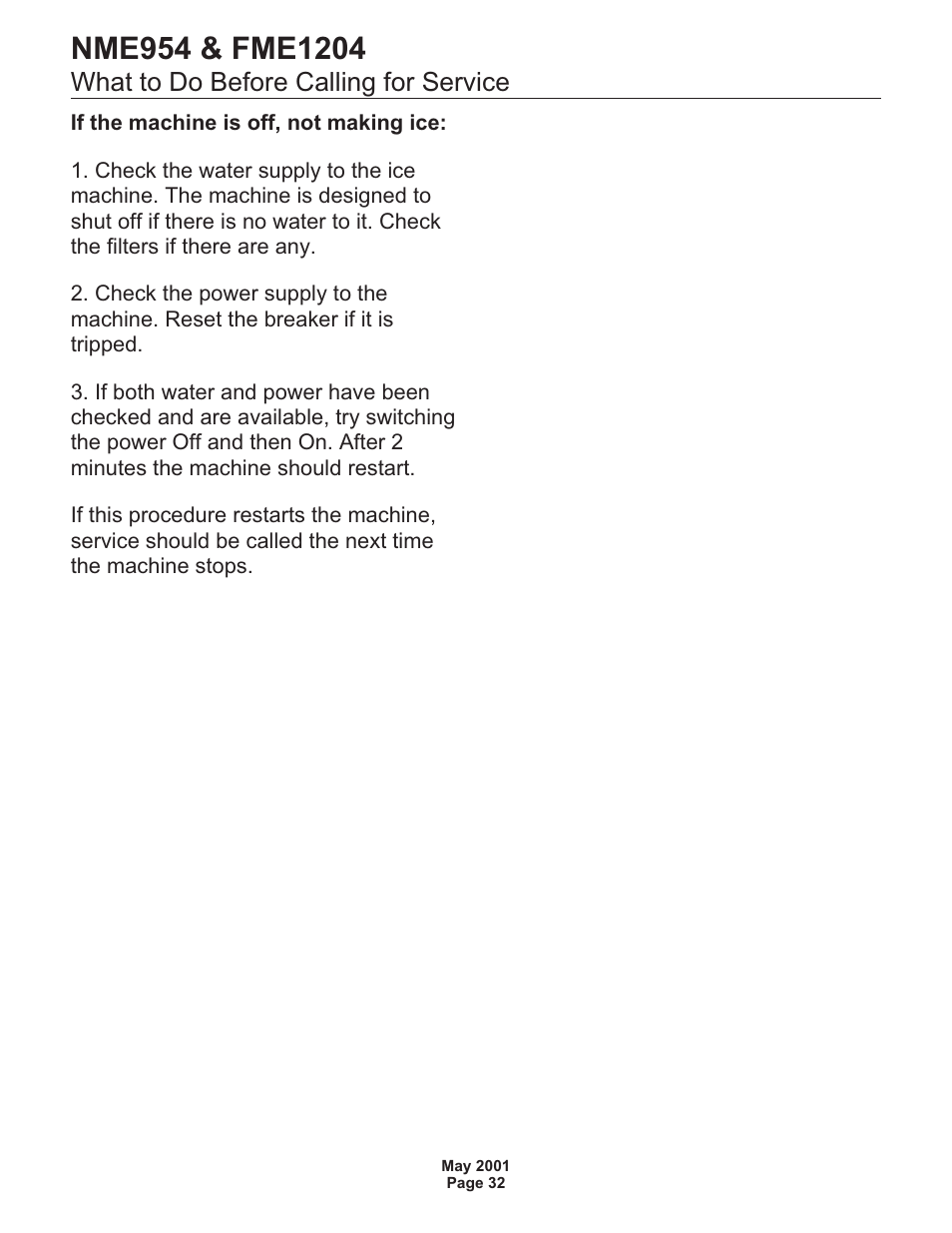 What to do before calling for service | Scotsman NME954 User Manual | Page 32 / 32