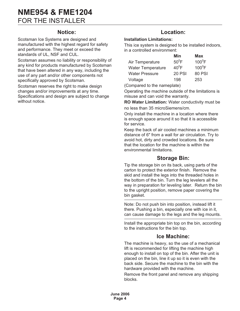 For the installer, Notice, Location | Storage bin, Ice machine | Scotsman NME954 User Manual | Page 4 / 32