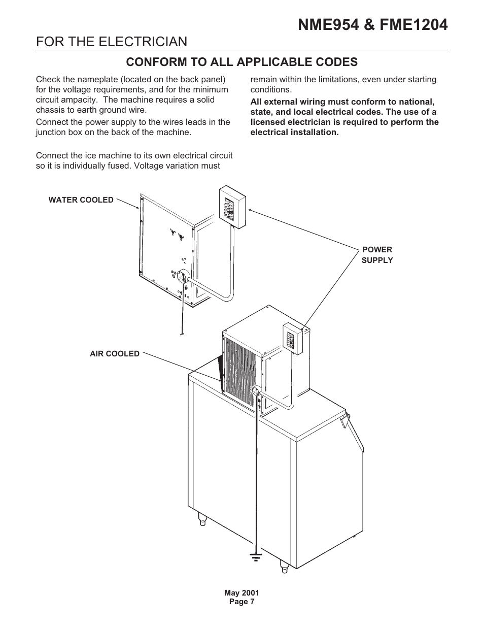 For the electrician, Conform to all applicable codes | Scotsman NME954 User Manual | Page 7 / 32