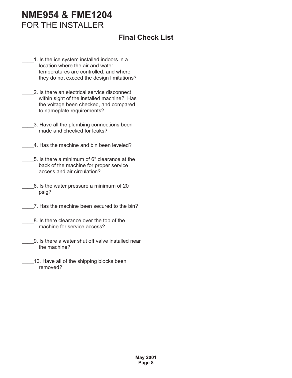 For the installer, Final check list | Scotsman NME954 User Manual | Page 8 / 32