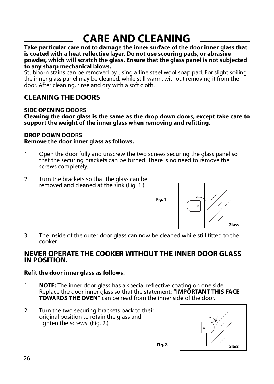 Care and cleaning, Cleaning the doors | Cannon CHICHESTER 10572G User Manual | Page 26 / 36