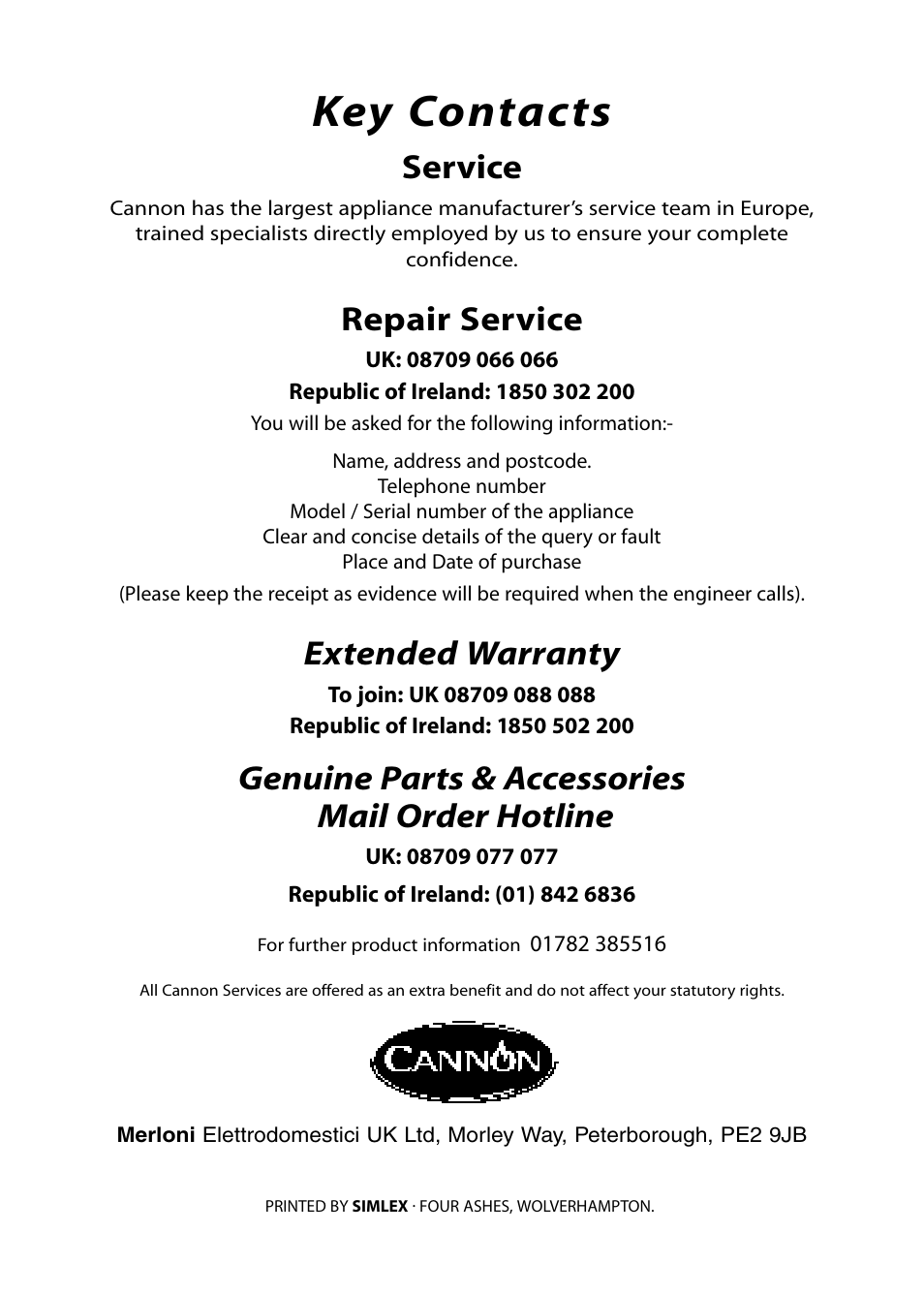 Key contacts, Service, Repair service | Extended warranty, Genuine parts & accessories mail order hotline | Cannon CHICHESTER 10572G User Manual | Page 36 / 36