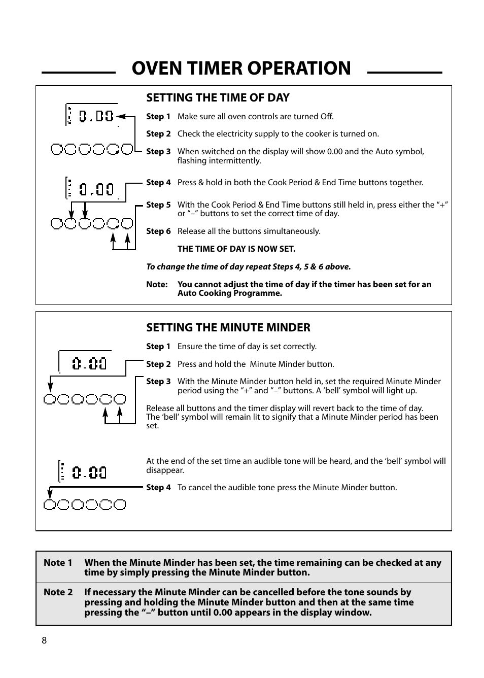 Oven timer operation, Setting the time of day, Setting the minute minder | Cannon CHICHESTER 10572G User Manual | Page 8 / 36