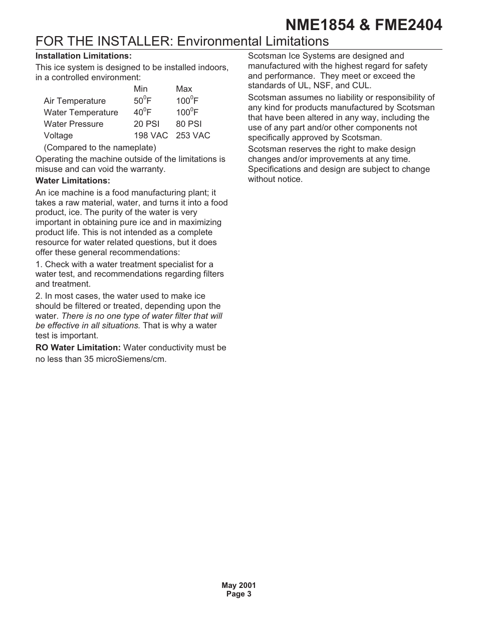 For the installer: environmental limitations | Scotsman NME1854 User Manual | Page 3 / 32
