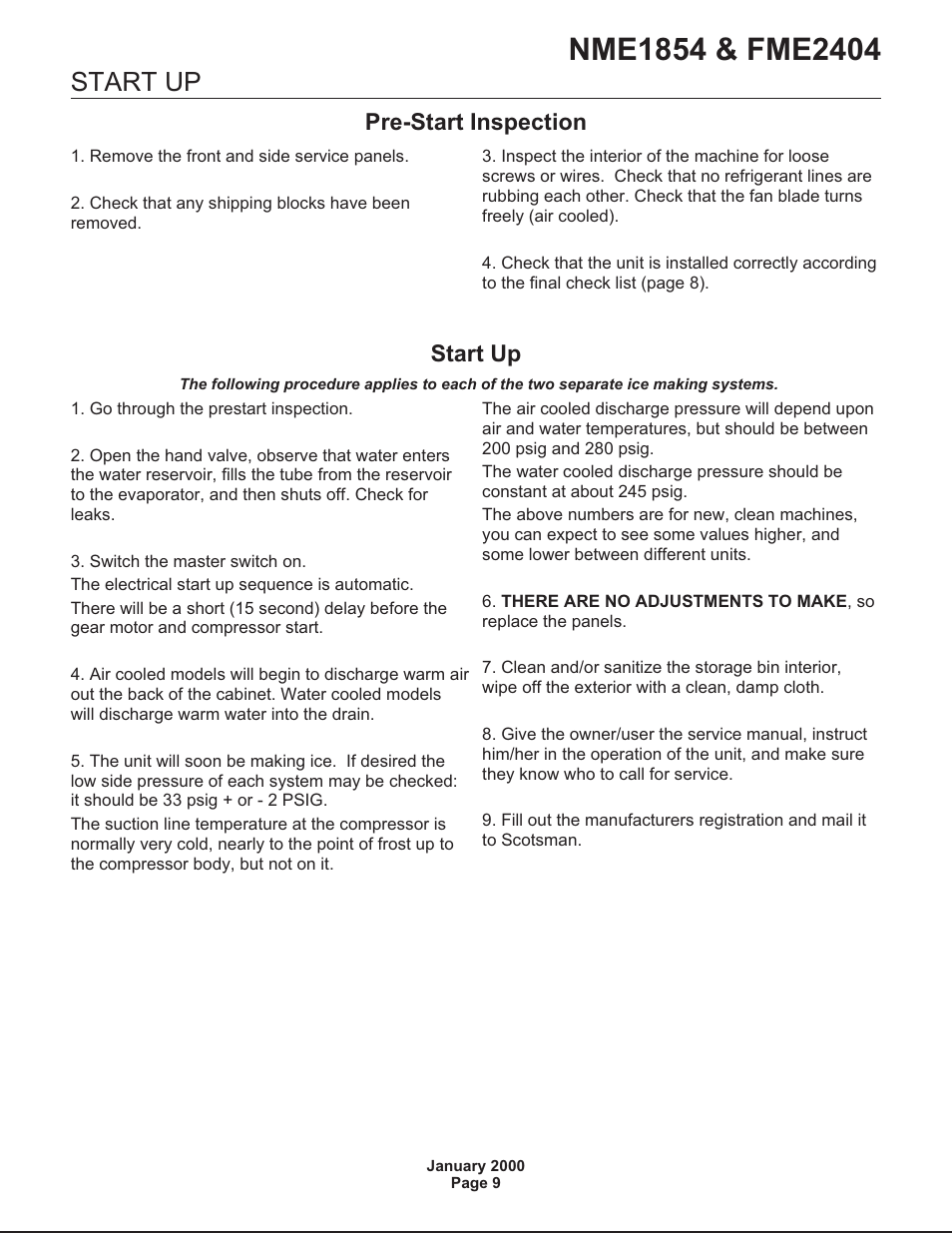 Start up, Pre-start inspection | Scotsman NME1854 User Manual | Page 9 / 32