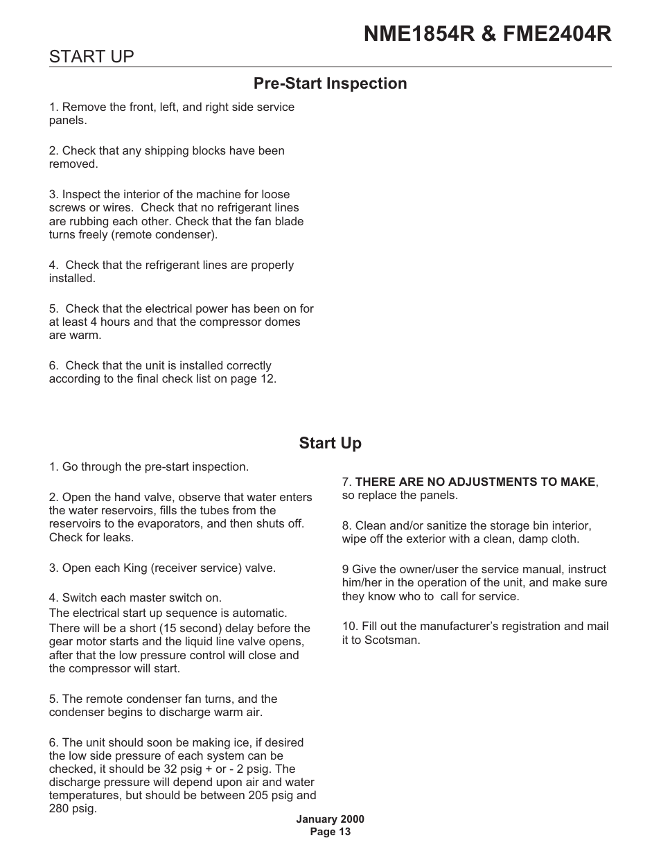Start up, Pre-start inspection | Scotsman NME1854R User Manual | Page 13 / 35