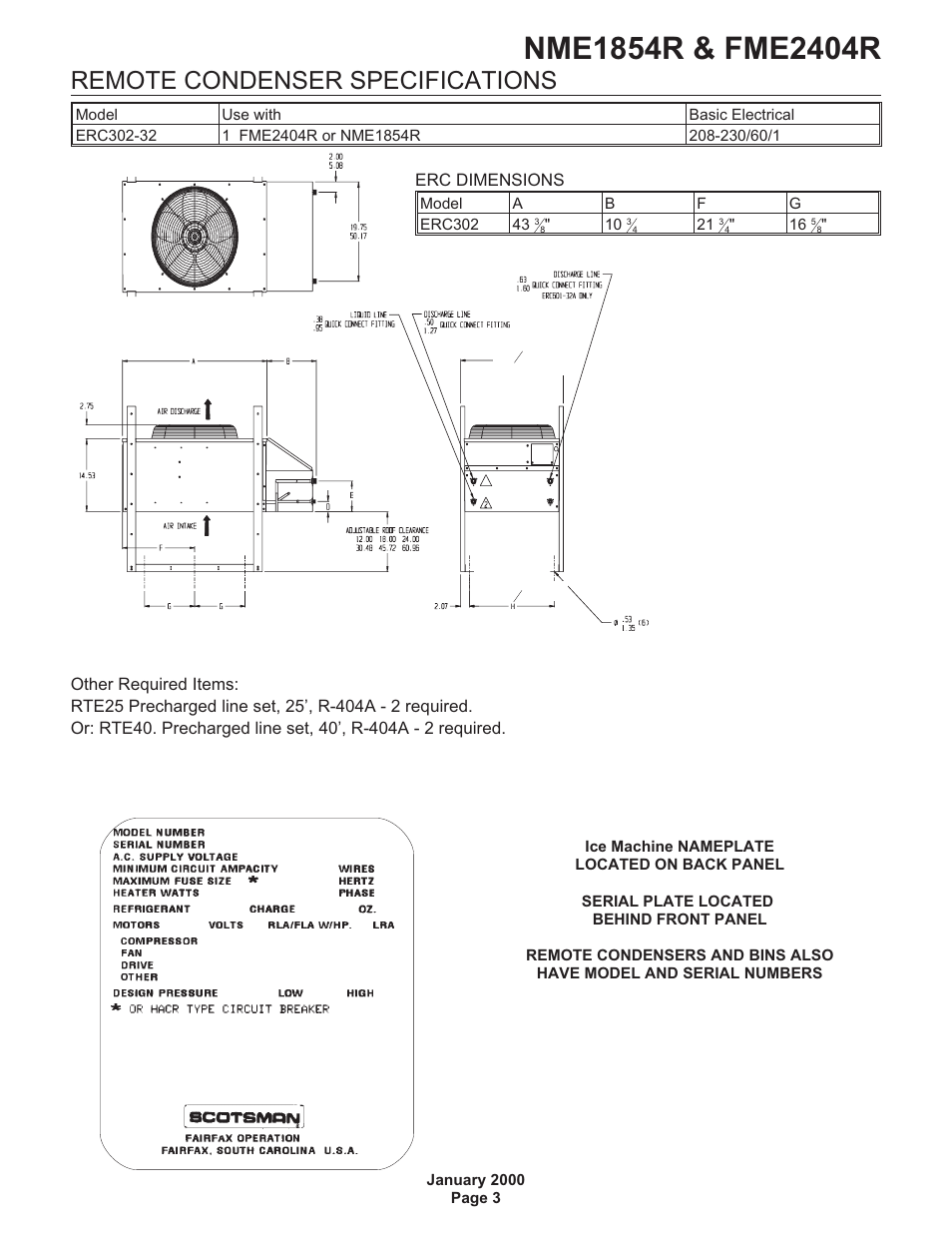 Remote condenser specifications | Scotsman NME1854R User Manual | Page 3 / 35