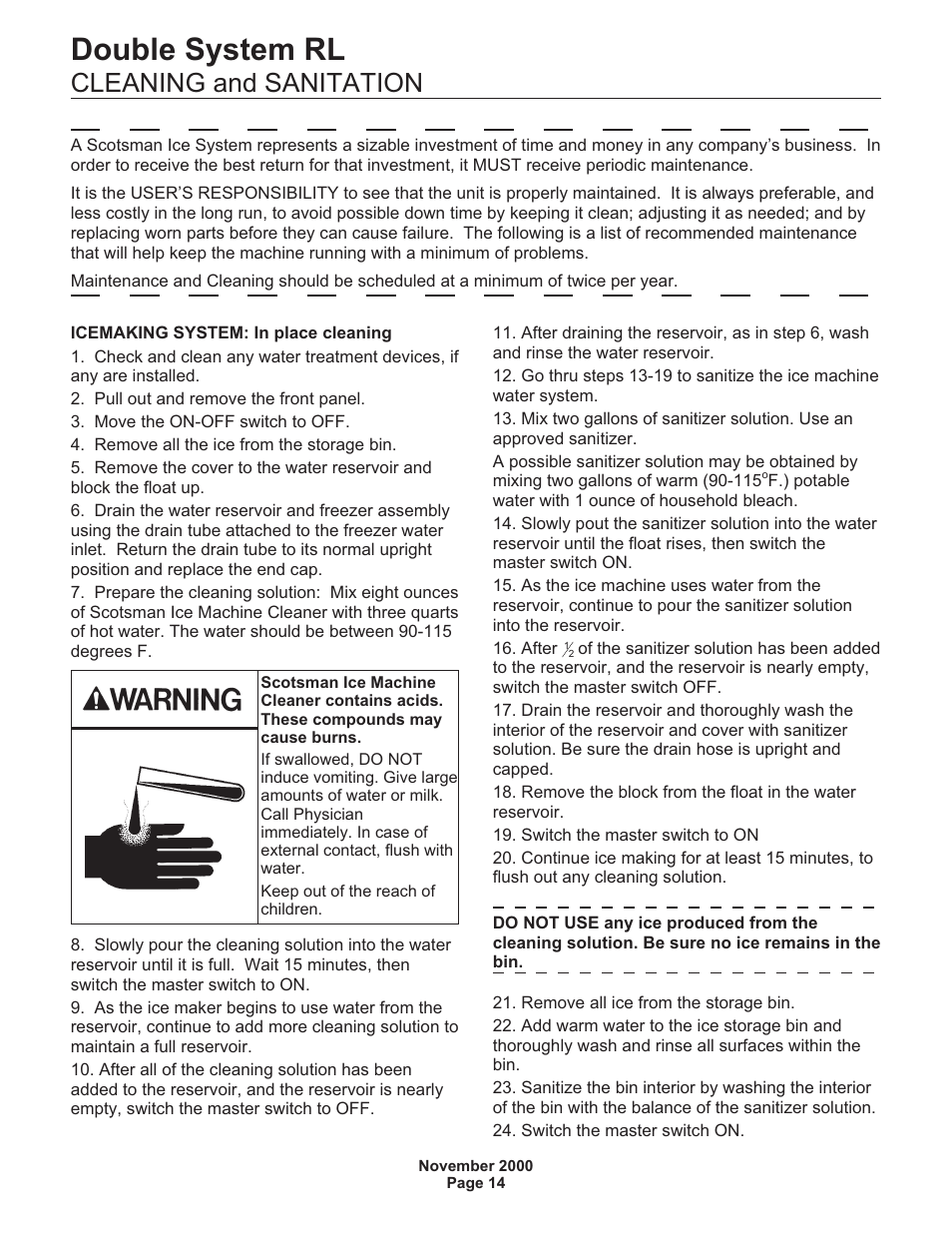 Double system rl, Cleaning and sanitation | Scotsman FME24RLM User Manual | Page 14 / 26