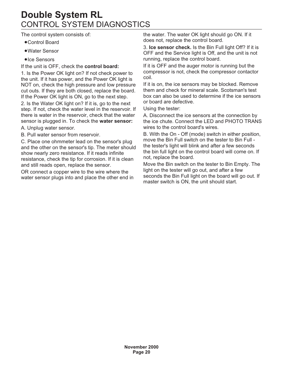 Double system rl, Control system diagnostics | Scotsman FME24RLM User Manual | Page 20 / 26