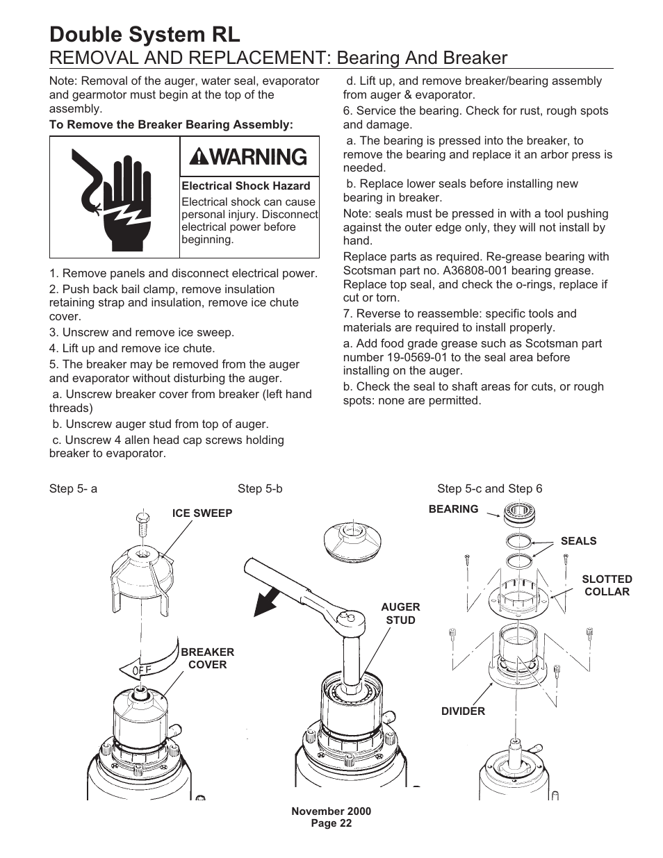 Double system rl, Removal and replacement: bearing and breaker | Scotsman FME24RLM User Manual | Page 22 / 26