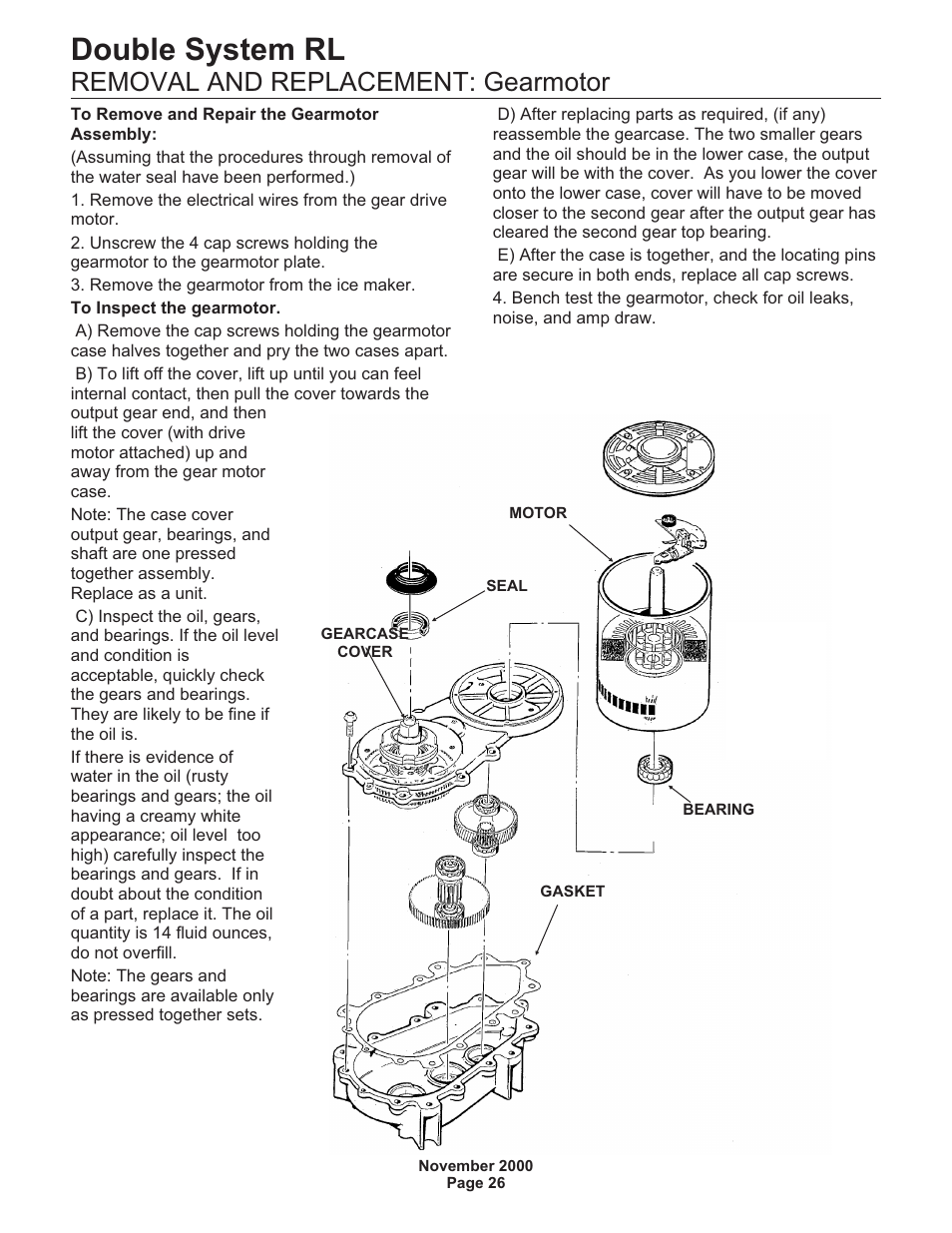 Double system rl, Removal and replacement: gearmotor | Scotsman FME24RLM User Manual | Page 26 / 26