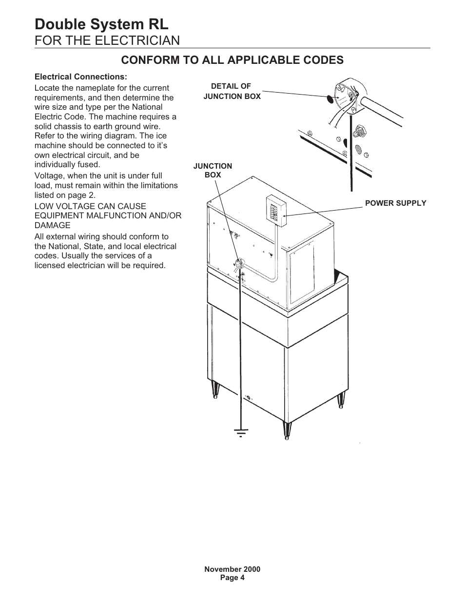 Double system rl, For the electrician, Conform to all applicable codes | Scotsman FME24RLM User Manual | Page 4 / 26