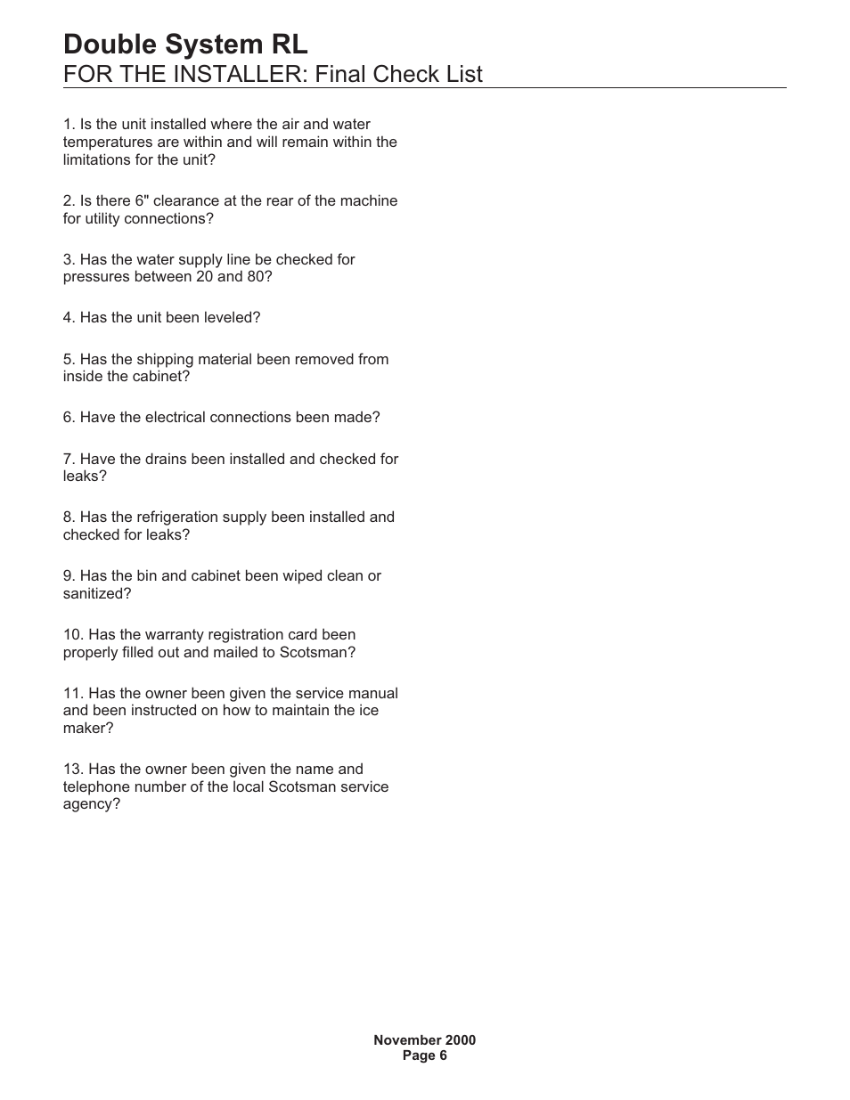 Double system rl, For the installer: final check list | Scotsman FME24RLM User Manual | Page 6 / 26