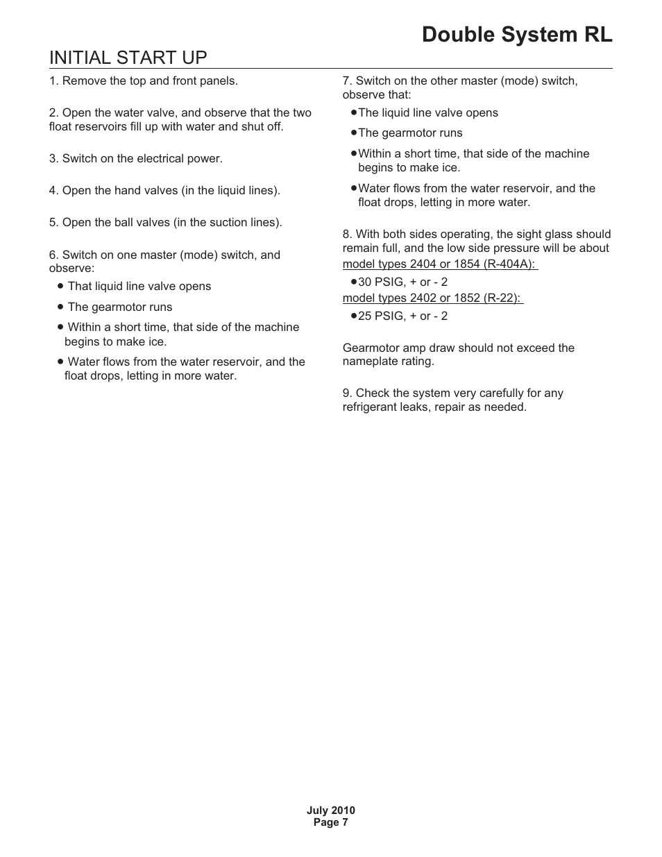 Double system rl, Initial start up | Scotsman FME24RLM User Manual | Page 7 / 26