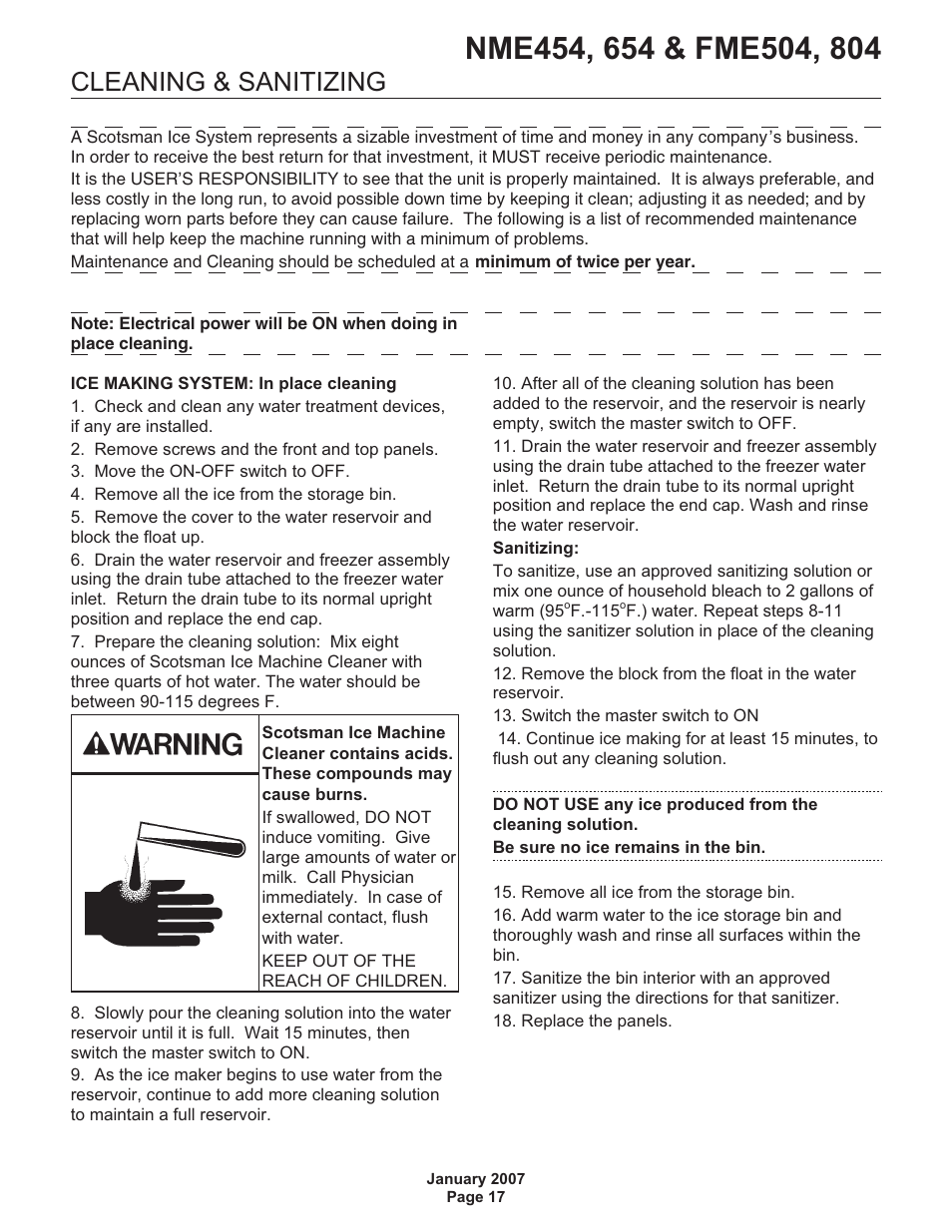 Cleaning & sanitizing | Scotsman NME454 User Manual | Page 17 / 32