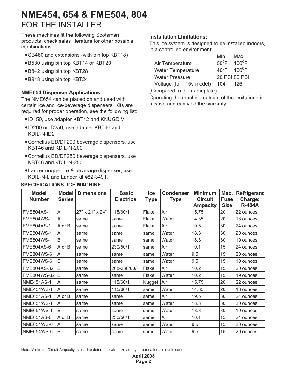 For the installer | Scotsman NME454 User Manual | Page 2 / 32