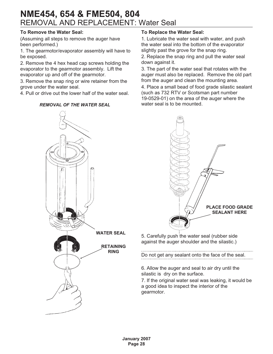 Removal and replacement: water seal | Scotsman NME454 User Manual | Page 28 / 32