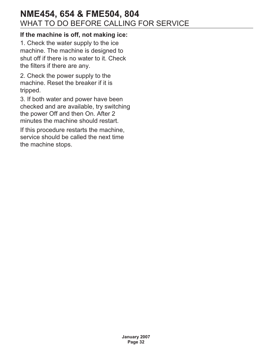 What to do before calling for service | Scotsman NME454 User Manual | Page 32 / 32