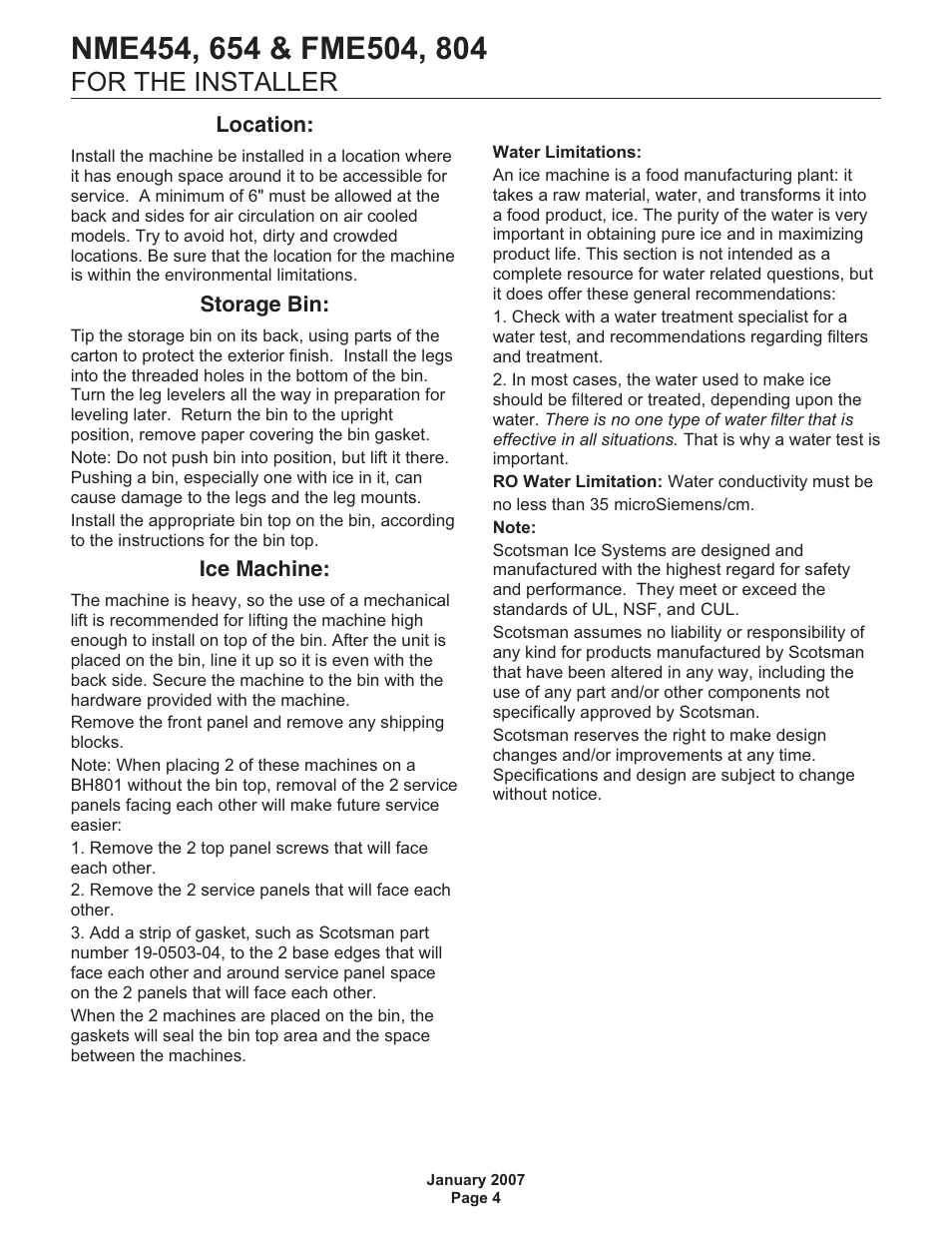 For the installer | Scotsman NME454 User Manual | Page 4 / 32