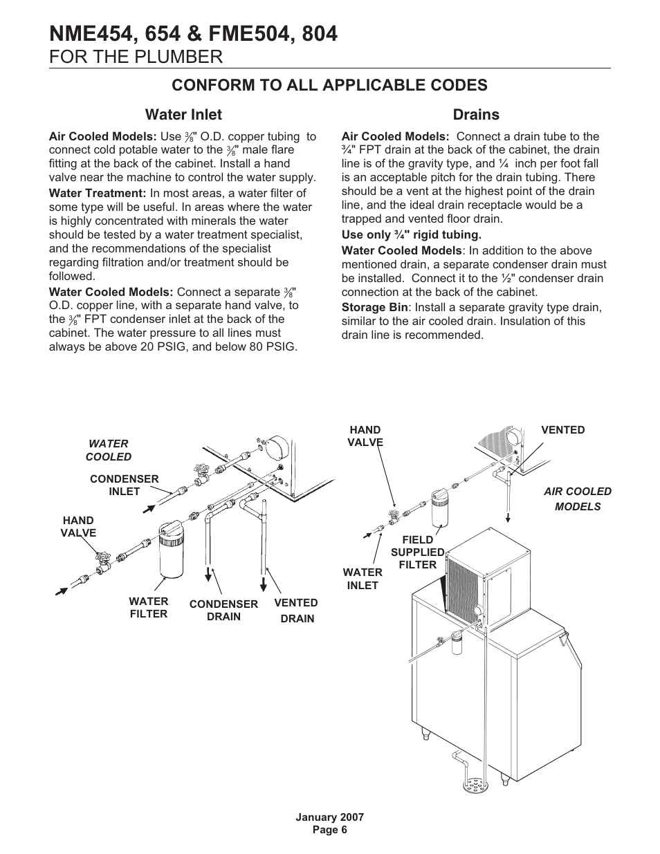 For the plumber, Conform to all applicable codes, Water inlet | Drains | Scotsman NME454 User Manual | Page 6 / 32