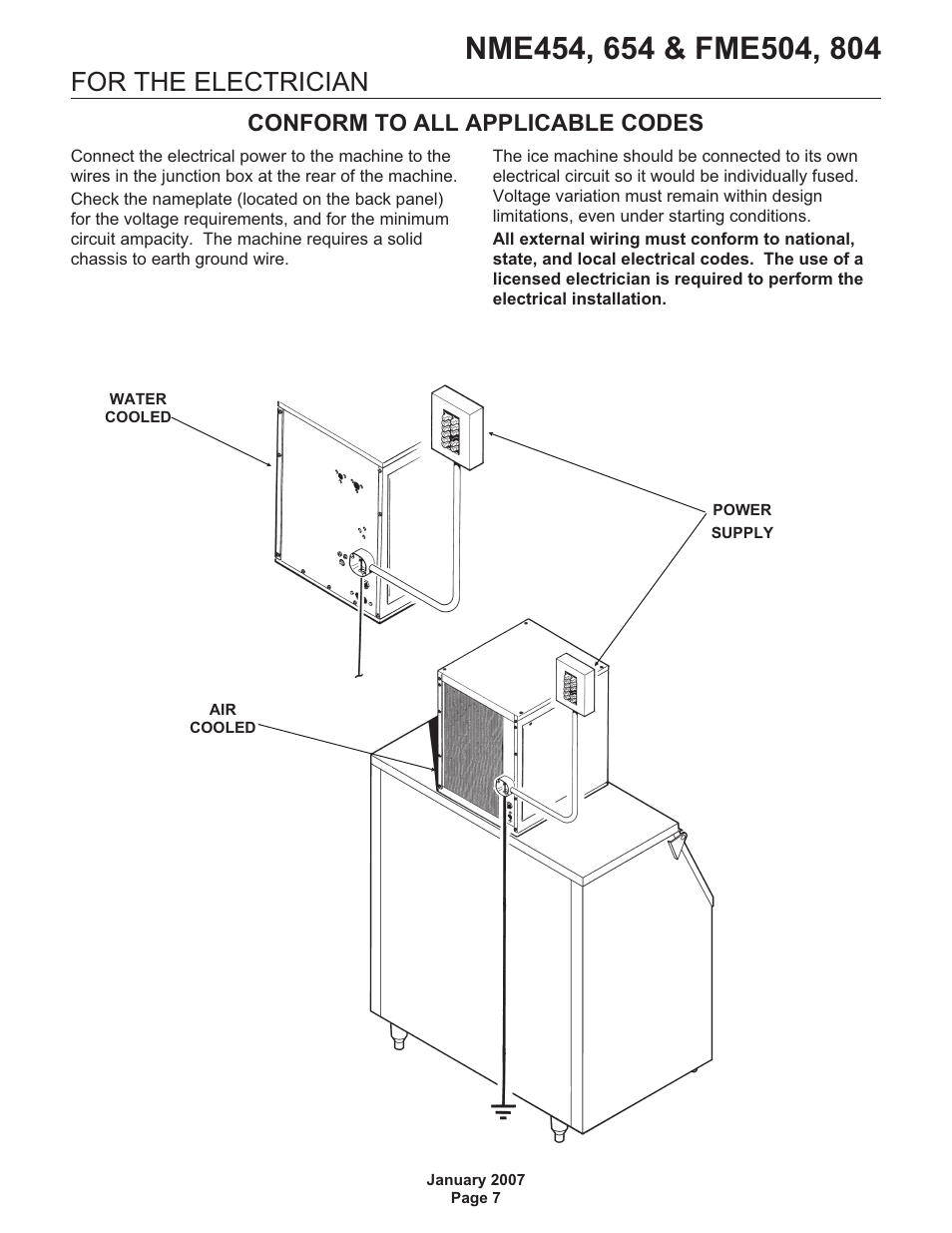 For the electrician, Conform to all applicable codes | Scotsman NME454 User Manual | Page 7 / 32