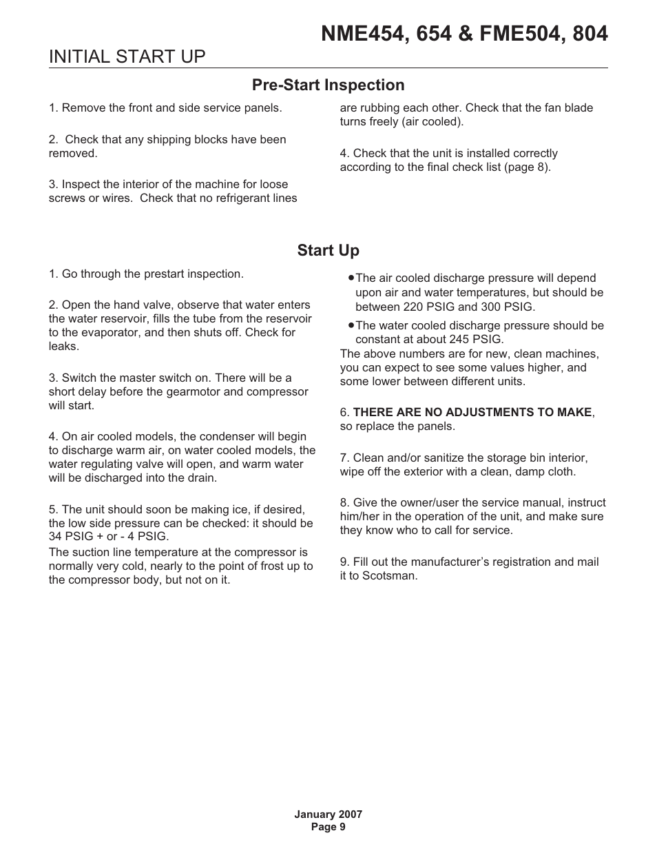 Initial start up, Pre-start inspection, Start up | Scotsman NME454 User Manual | Page 9 / 32