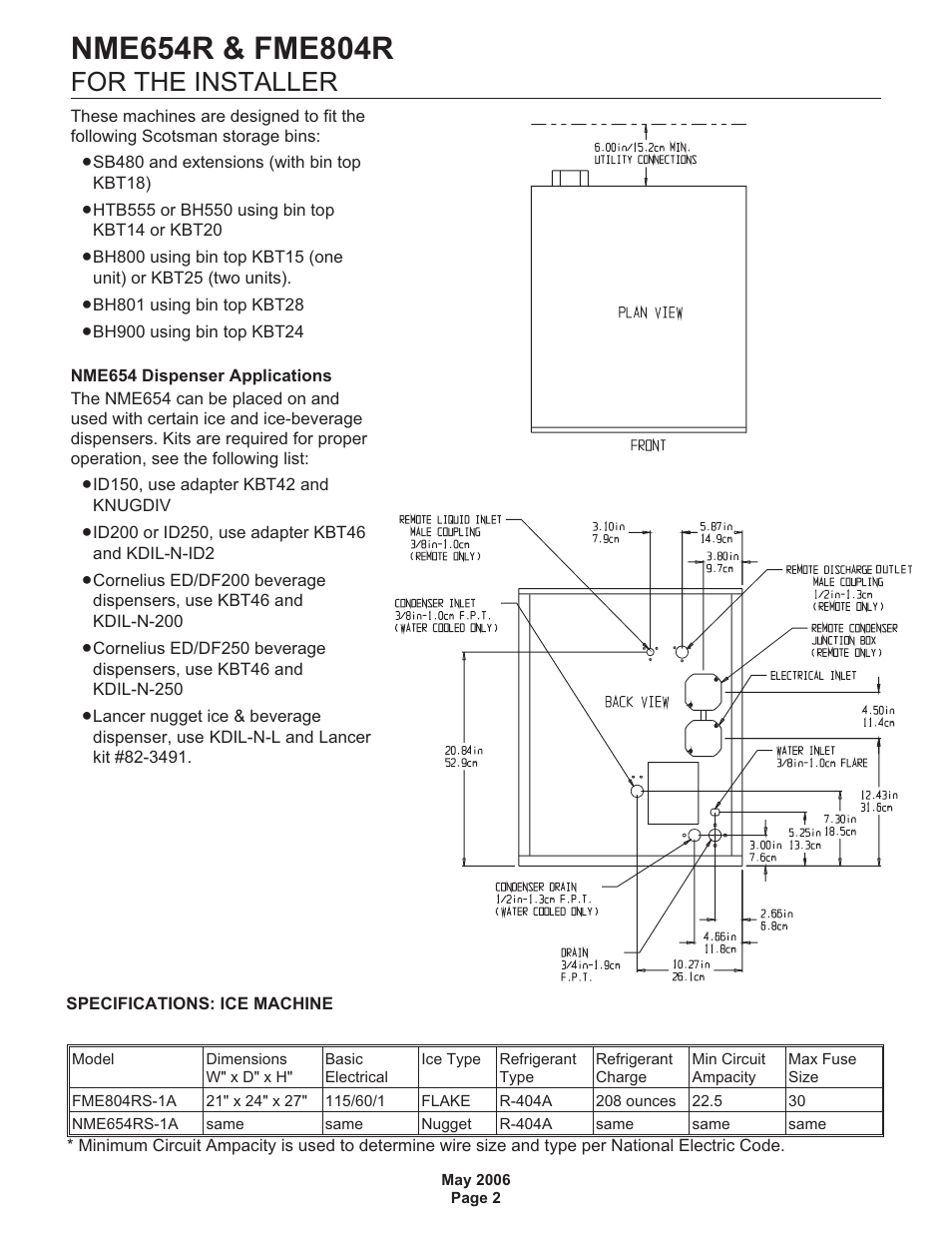 For the installer | Scotsman NME654R User Manual | Page 2 / 35