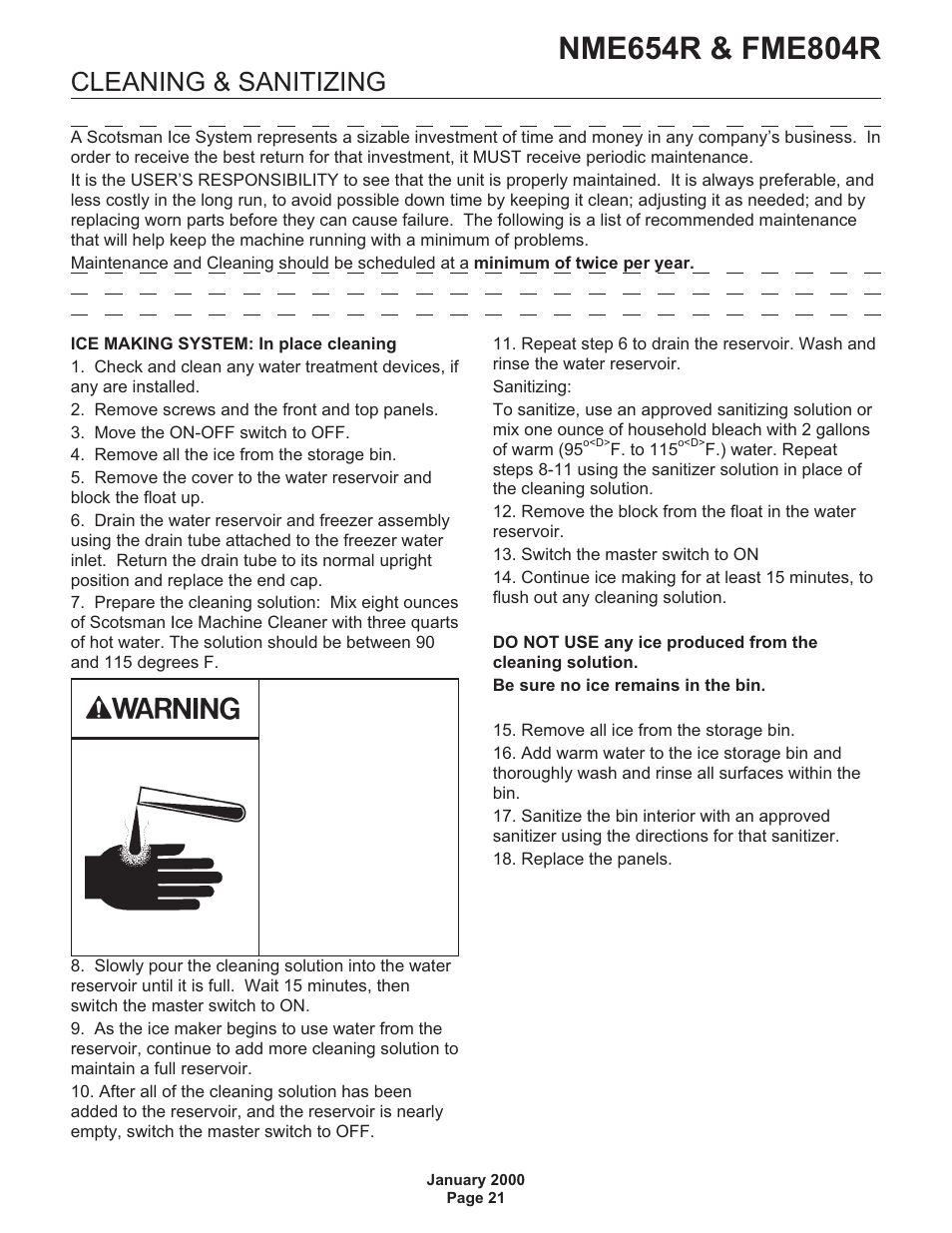Cleaning & sanitizing | Scotsman NME654R User Manual | Page 21 / 35