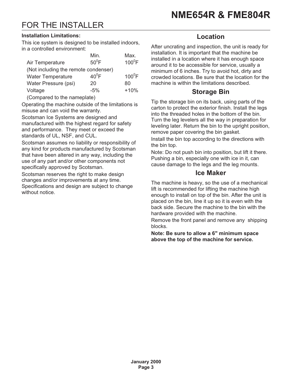 For the installer, Location, Storage bin | Ice maker | Scotsman NME654R User Manual | Page 3 / 35