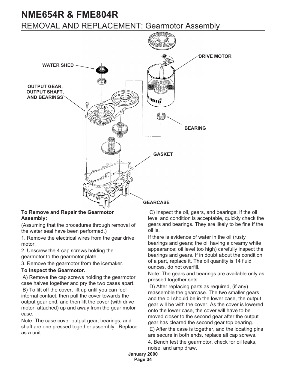 Removal and replacement: gearmotor assembly | Scotsman NME654R User Manual | Page 34 / 35