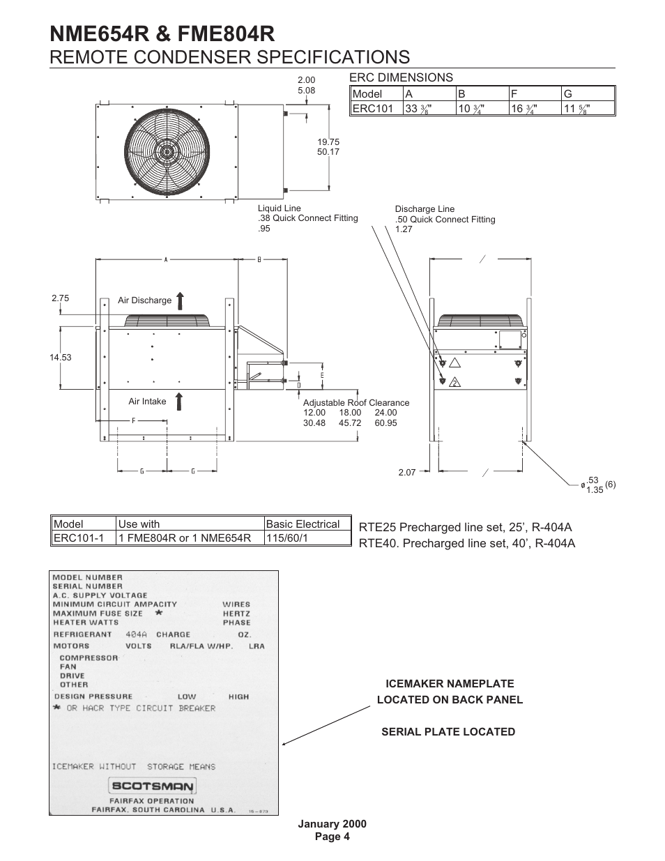 Remote condenser specifications, Erc dimensions | Scotsman NME654R User Manual | Page 4 / 35