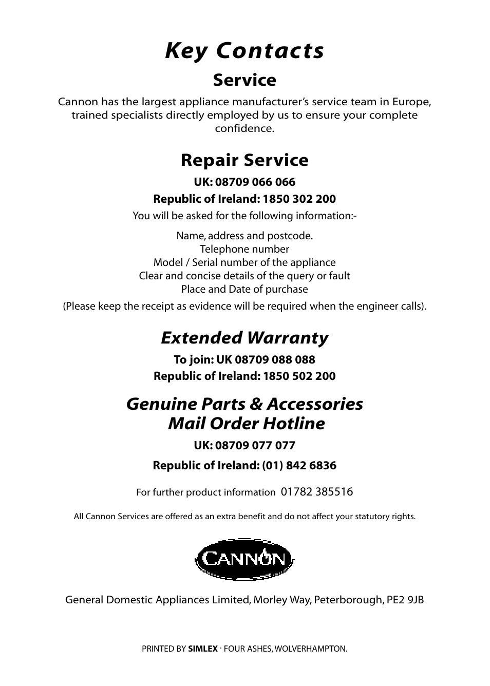 Key contacts, Service, Repair service | Extended warranty, Genuine parts & accessories mail order hotline | Cannon WESTMINSTER 4466200024-01 User Manual | Page 32 / 32