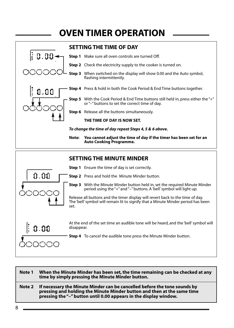 Oven timer operation, Setting the time of day, Setting the minute minder | Cannon WESTMINSTER 4466200024-01 User Manual | Page 8 / 32